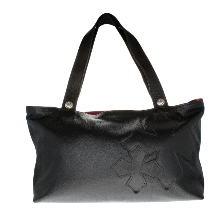 Leather Shoulder Bag w/ Alloy Snaps (Black & Red) on white background