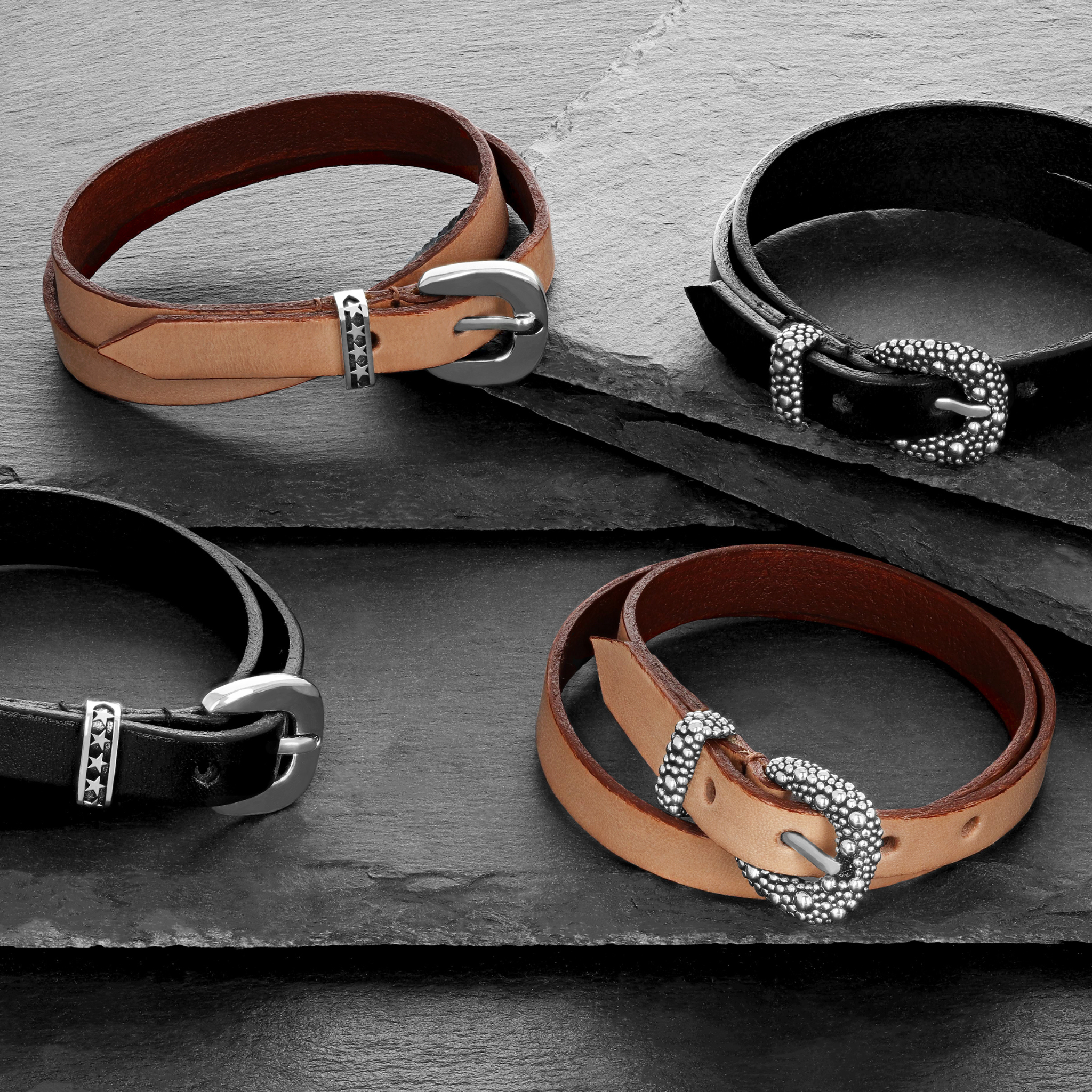 Lifestyle photo of double wrapped bracelets with silver buckle and keeper