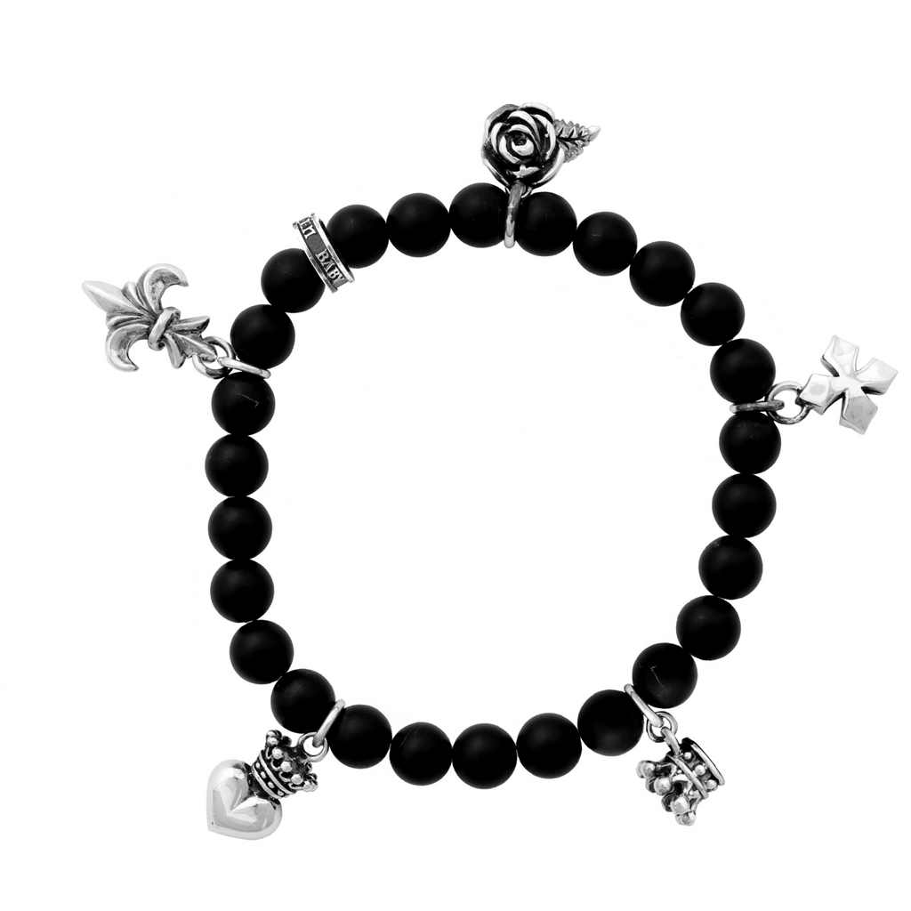 8mm Black Onyx Bead Bracelet with Five Silver Charms