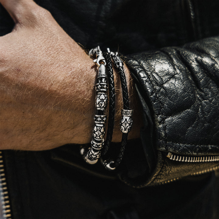 Double Wrapped Leather Bracelet with Motif Barrel Beads