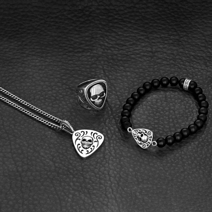 Beaded Bracelet with Skull Guitar Pick