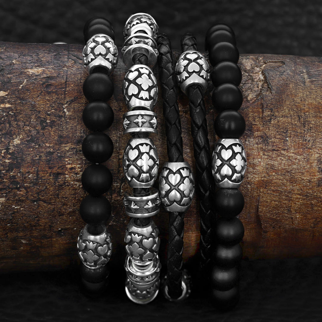 Double Wrapped Leather Bracelet with Motif Barrel Beads