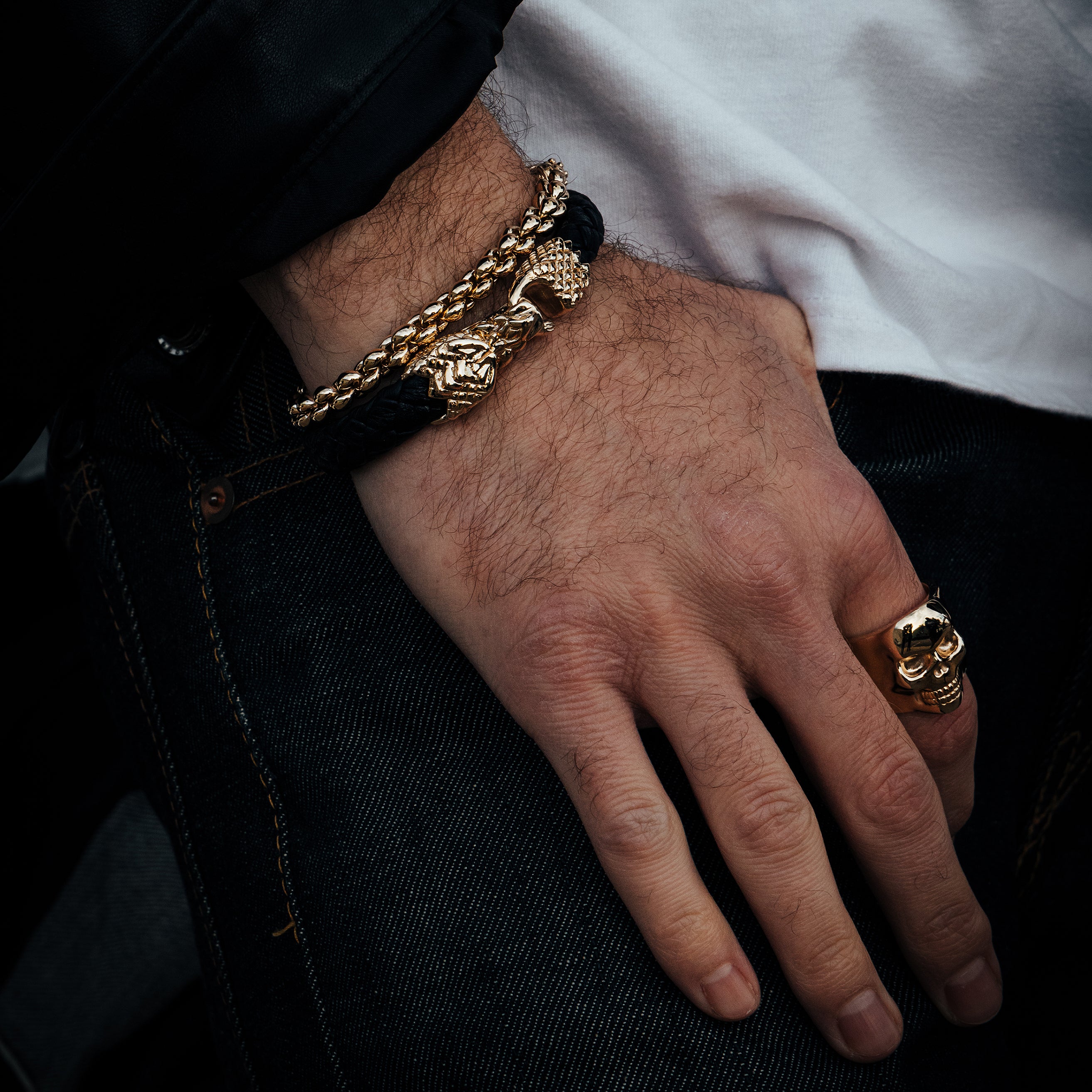 Leather Bracelet with Small 10K Gold Dragon Clasp M King Baby Studio