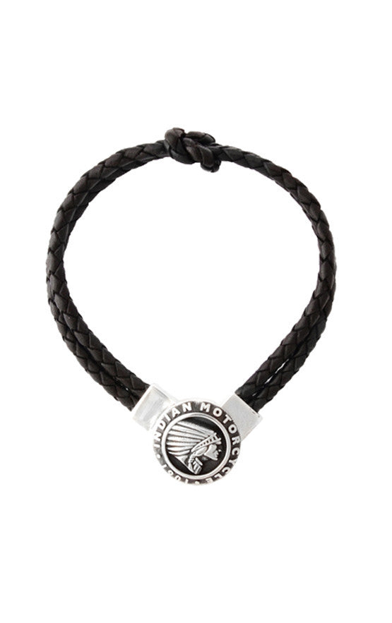 Double Knotted Black Leather Bracelet with Indian Icon Clasp
