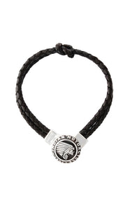 Double Knotted Black Leather Bracelet with Indian Icon Clasp