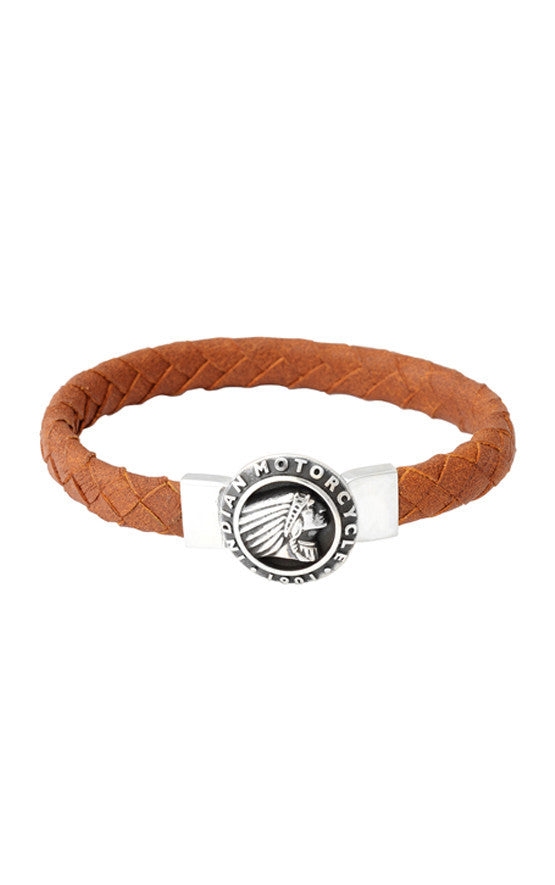 Thick Brown Braided Leather Bracelet with Indian Headdress Icon Clasp