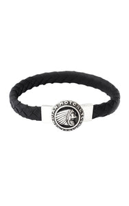 Thick Black Braided Leather Bracelet with Indian Headdress Icon Clasp