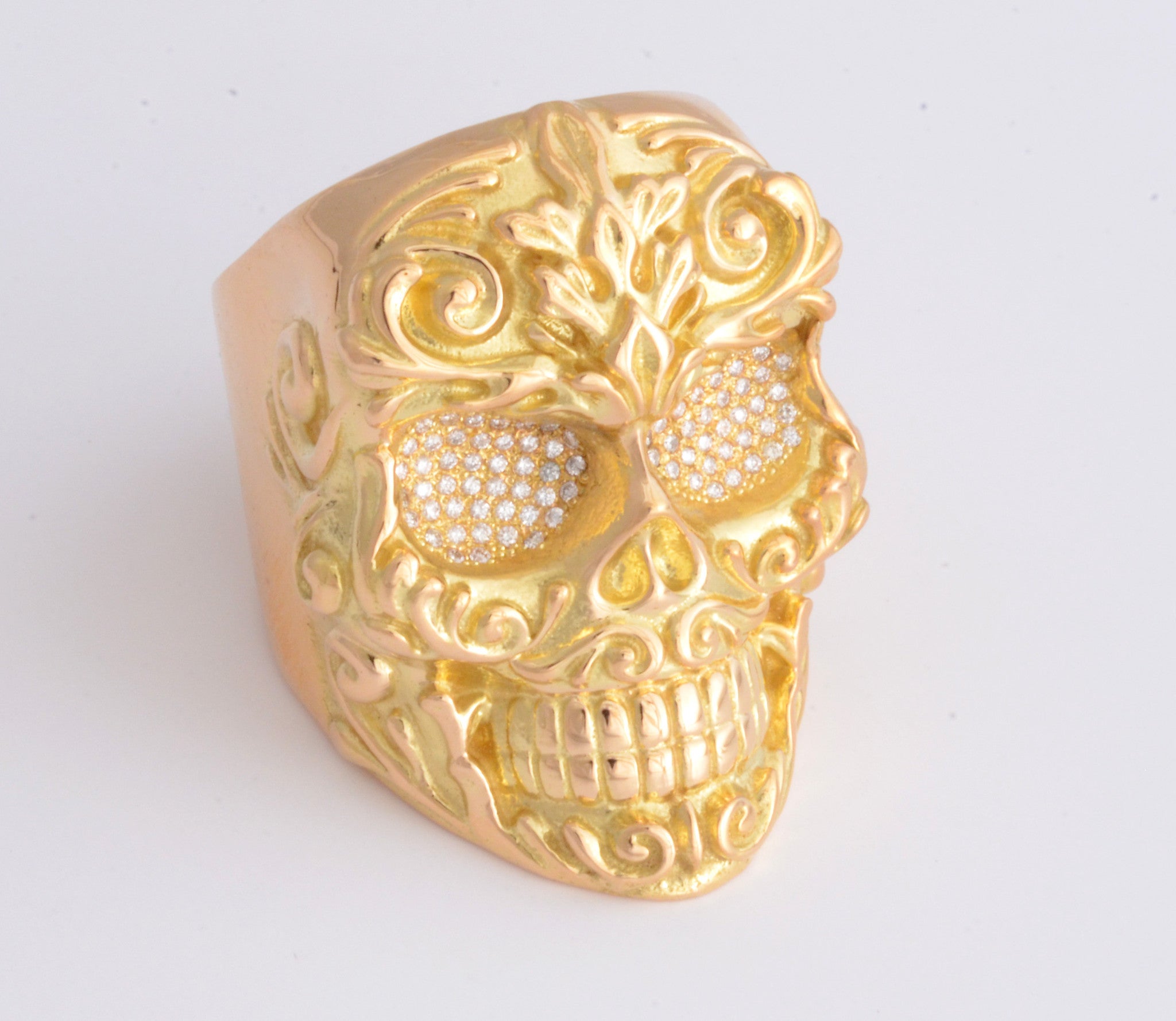 18K Gold Large Floral Scroll Relief Skull