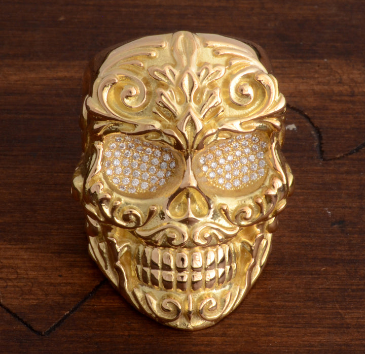 18K Gold Large Floral Scroll Relief Skull