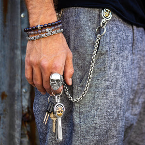 man wearing sterling silver jewelry, wallet chain, bracelets and key hook 