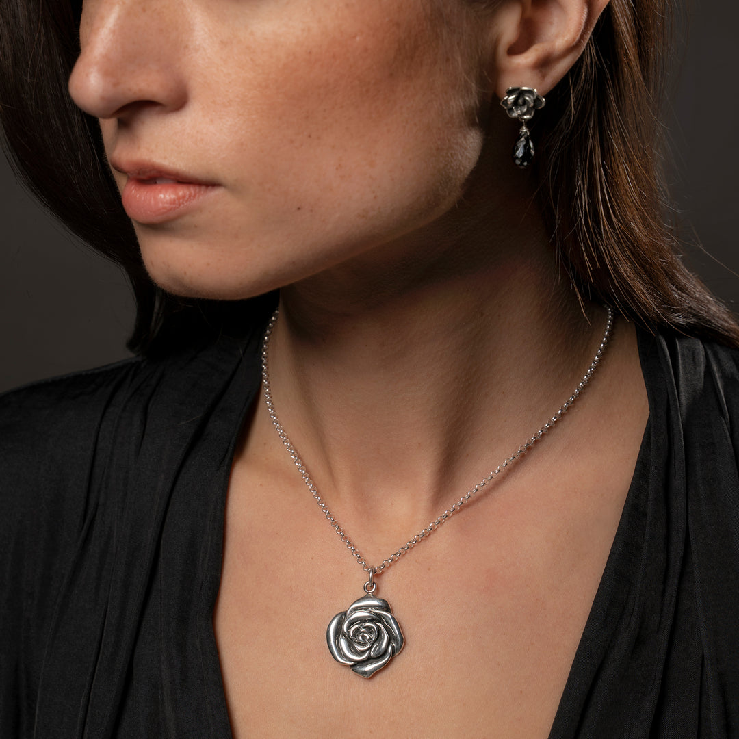 Lifesyle shot on model of Large Rose Pendant 