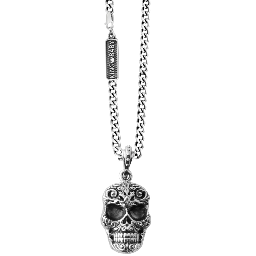 Carved Baroque Skull Pendant on 24 in. Fine Curb Link Chain