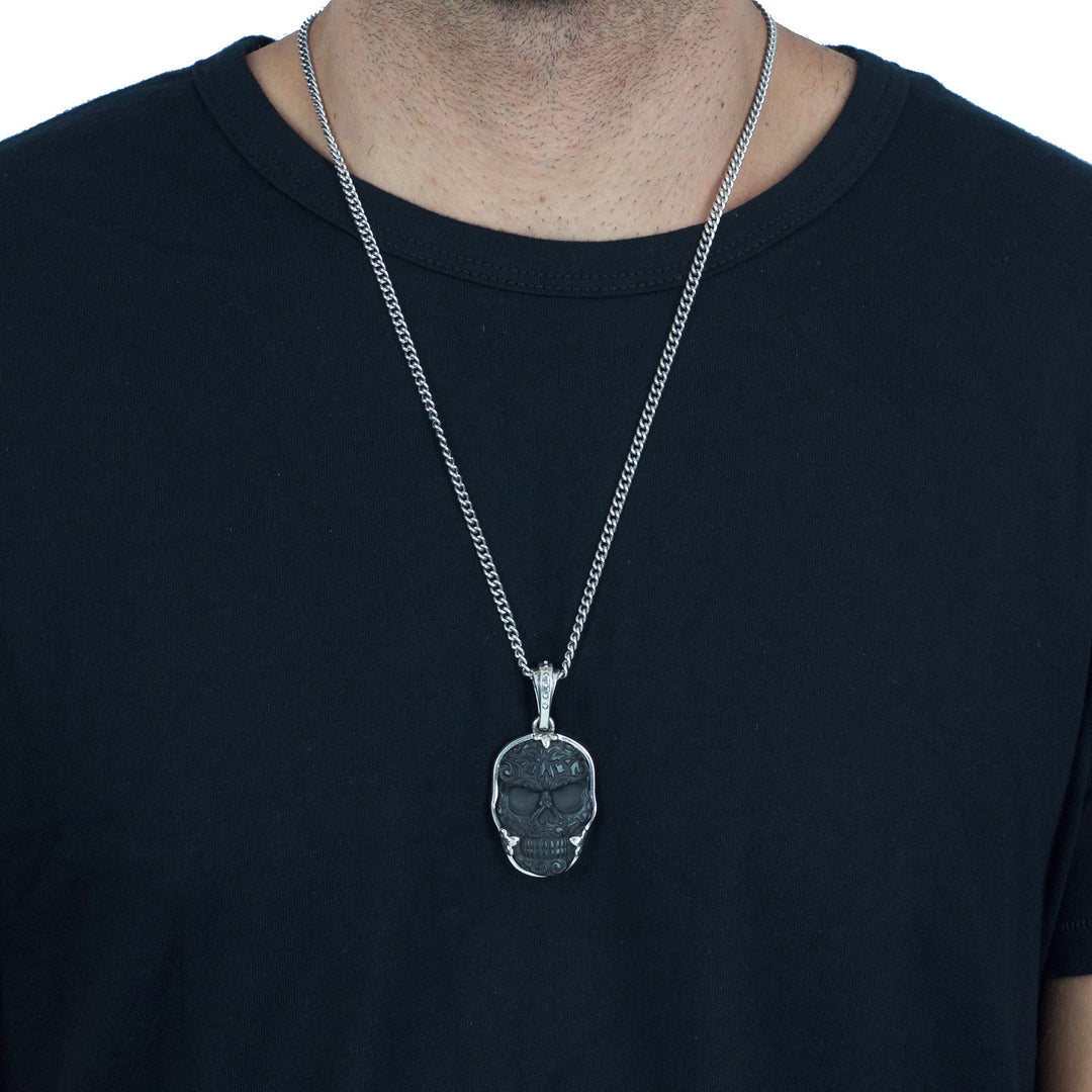 Large Bezel Set Carved Jet Baroque Skull Pendant