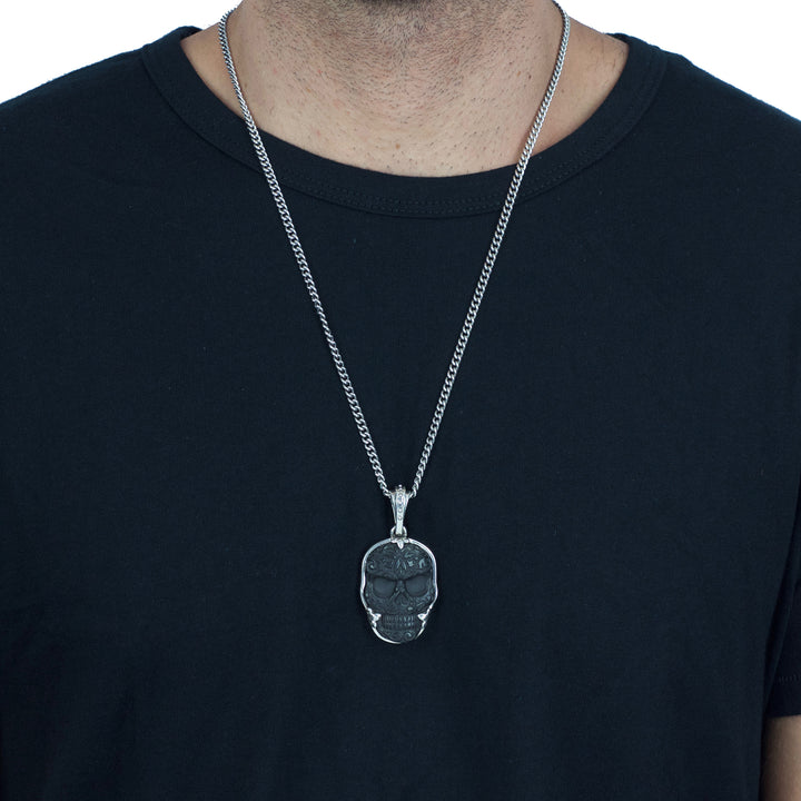 Large Bezel Set Carved Jet Baroque Skull Pendant