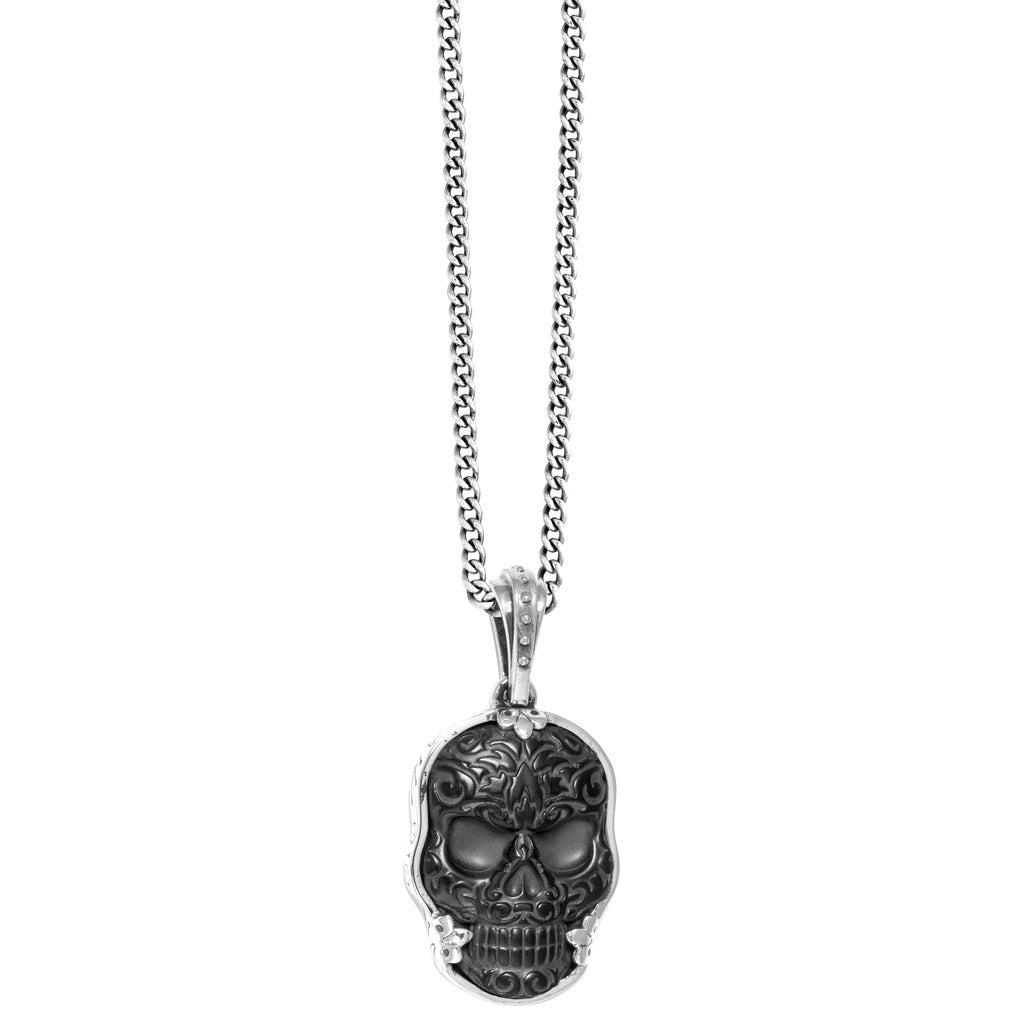 Large Bezel Set Carved Jet Baroque Skull Pendant