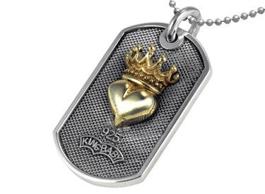 Small Gold Crowned Heart on Silver Dog Tag Pendant
