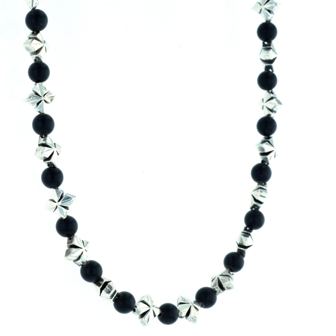 MB Cross and 4mm Onyx Bead Necklace