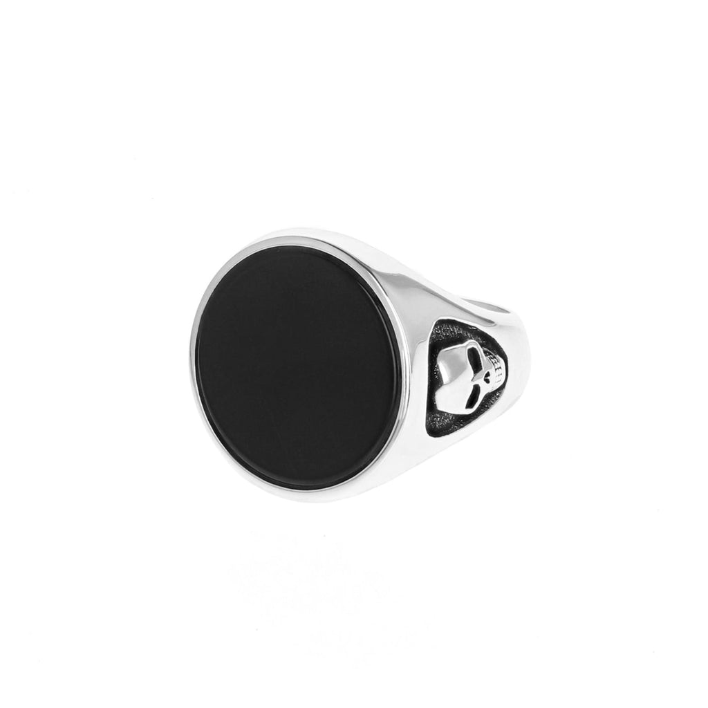 Product shot of Round Onyx Signet Ring w/ Skull Detai