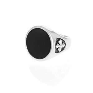 Product shot of Round Onyx Signet Ring w/ MB Cross Detail