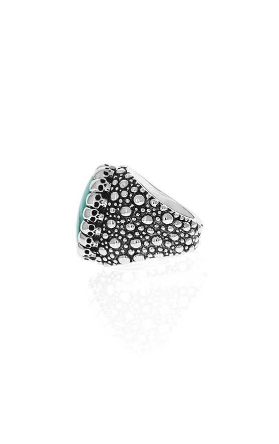 Sting Ray Texture Ring with Top Hat Spotted Turquoise Cabochon in Skull Bezel