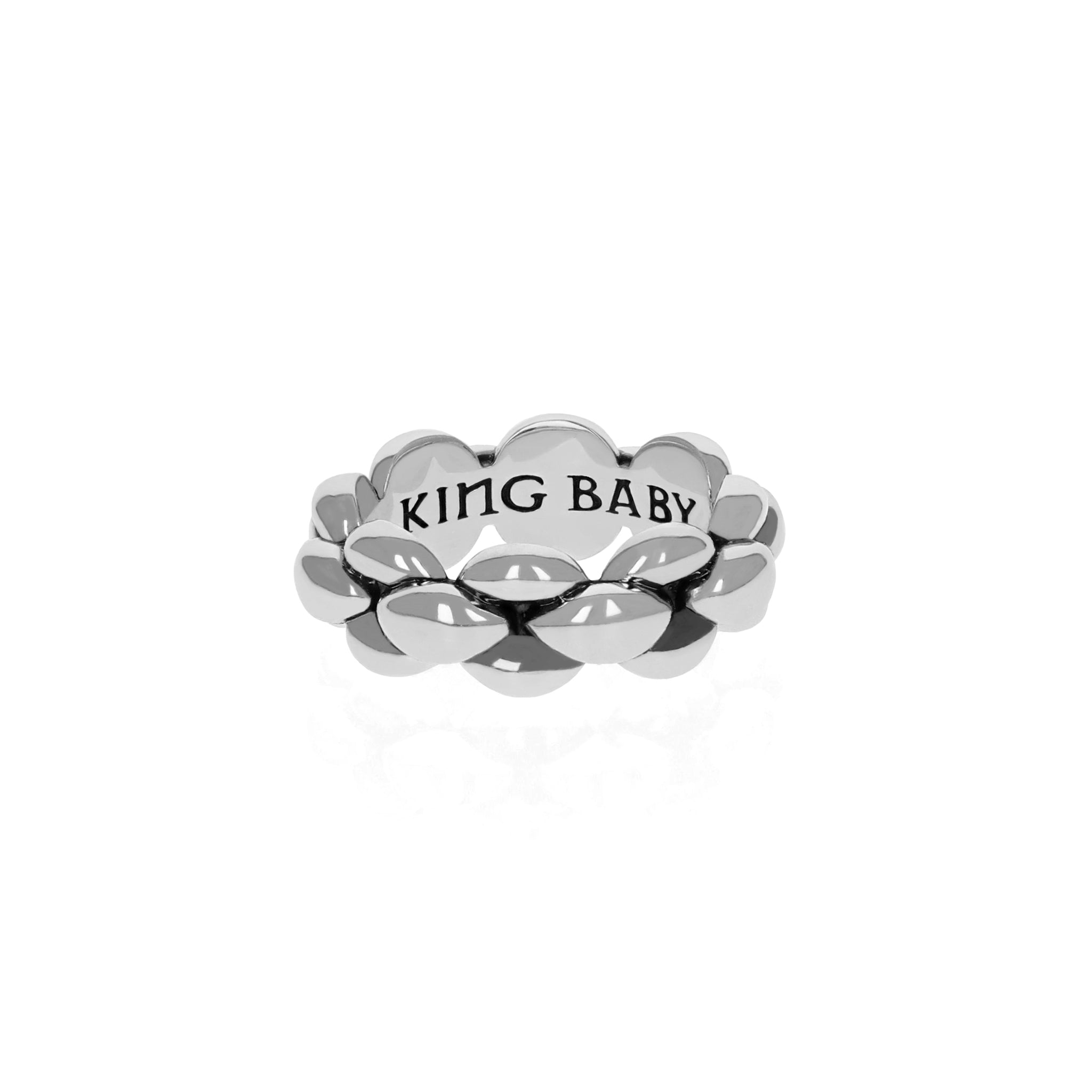 Photo of silver infinity link ring with King Baby Logo on inside of band