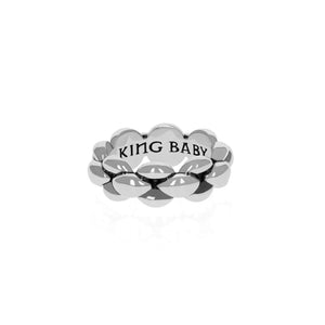 Photo of silver infinity link ring with King Baby Logo on inside of band