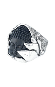 Jet Buddha Hidden in Silver Lotus Ring