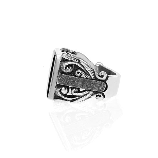 Side shot of Statement Scroll Ring w/ Square Inset Onyx