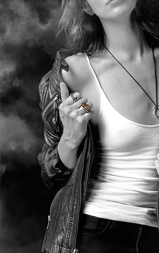 woman wearing king baby sterling silver jewelry