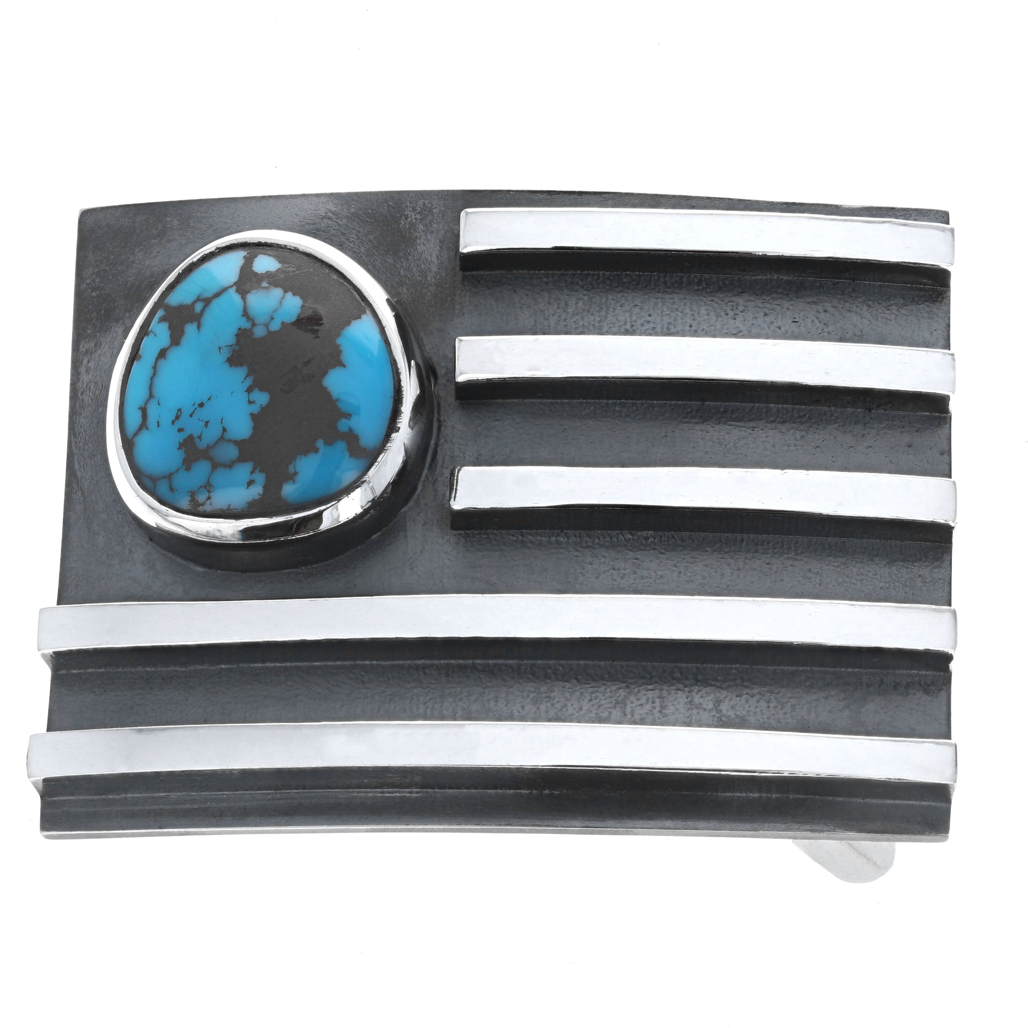 Silver American Flag Belt Buckle with Turquoise Stone