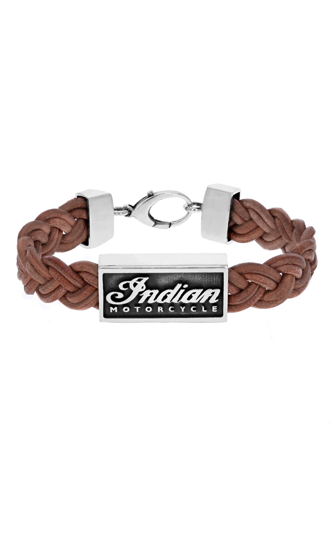 King Baby Braided Leather Bracelet with Silver Indian Motorcycle Script Logo