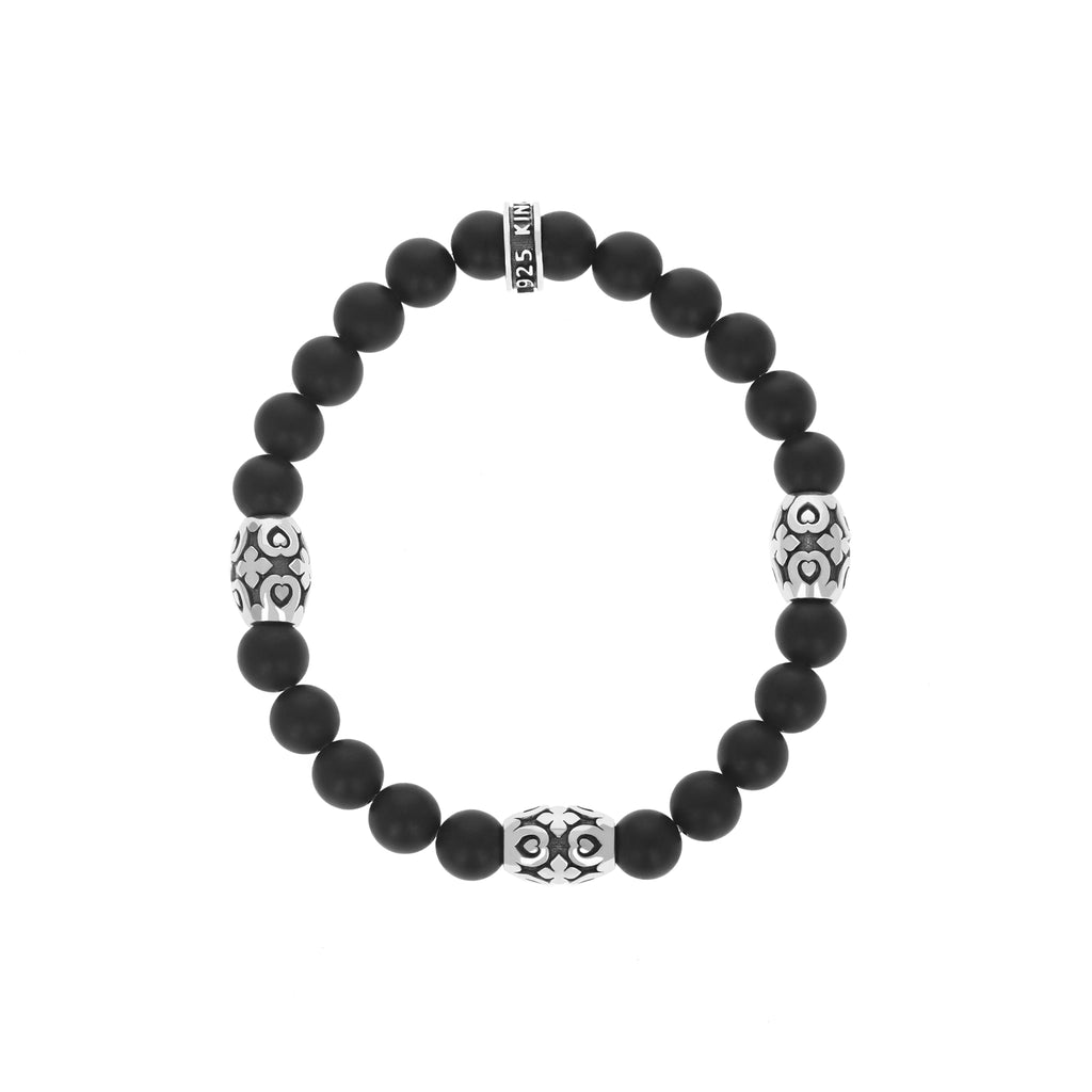 Onyx Beaded Bracelet With 3 MB Cross Scroll Barrel Beads