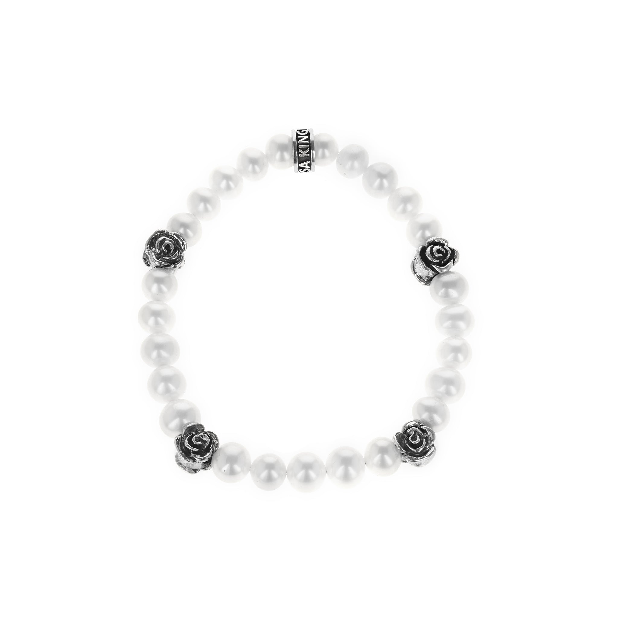 8mm White Pearl Bracelet w/ 4 Silver Rose Beads