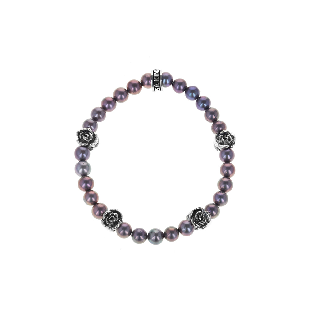 6mm Grey Pearl Bracelet w/ 4 Silver Rose Beads