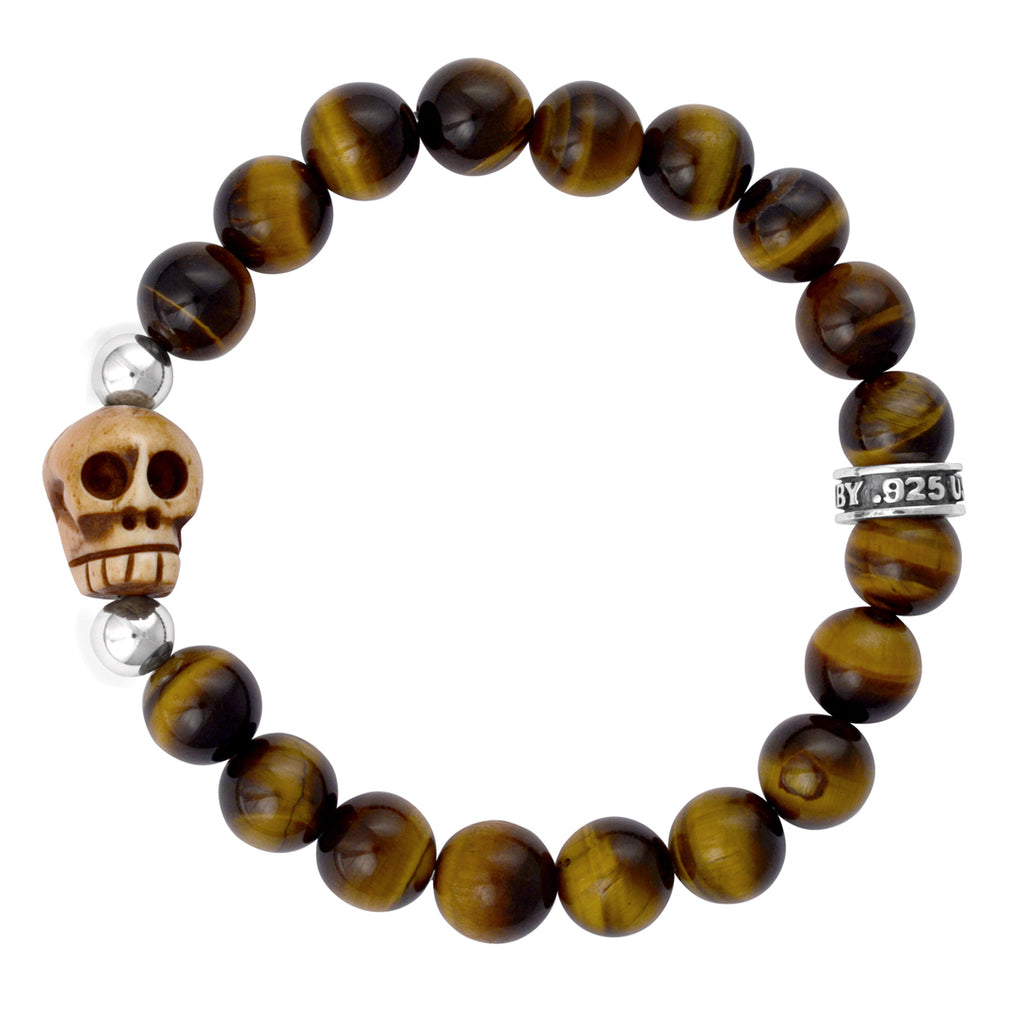 10mm Brown Tiger Eye Bracelet with Bone Skull