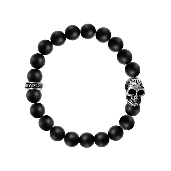 10mm Onyx Bead Bracelet w/Day of the Dead Skull