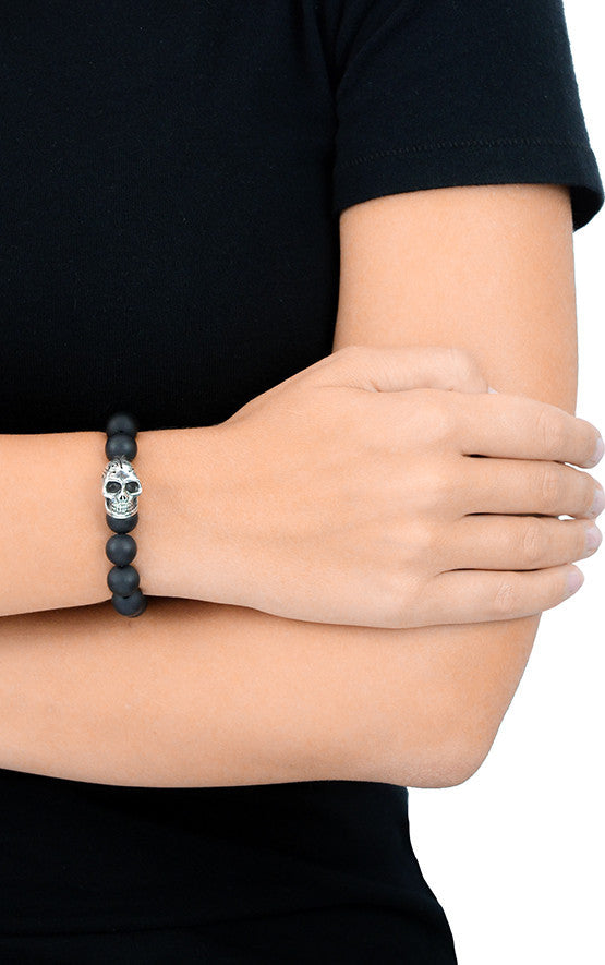 10mm Onyx Bead Bracelet w/Day of the Dead Skull