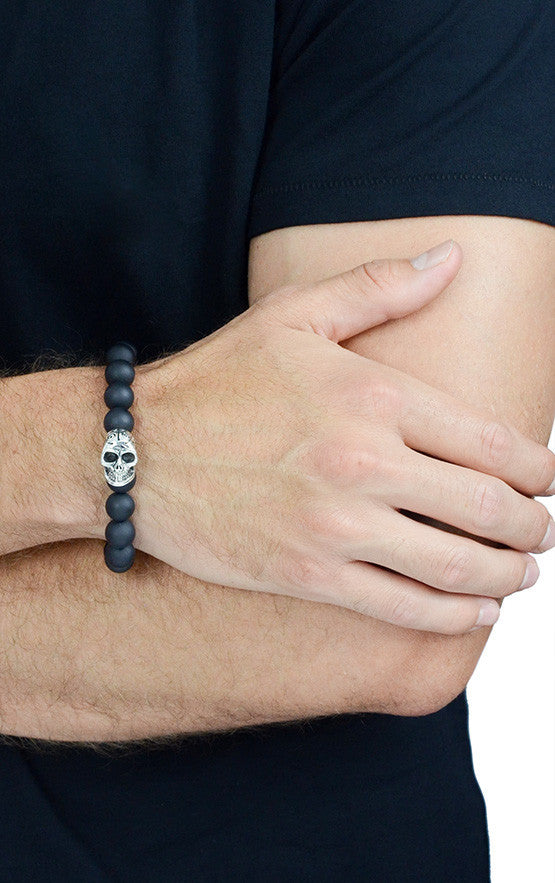 10mm Onyx Bead Bracelet w/Day of the Dead Skull