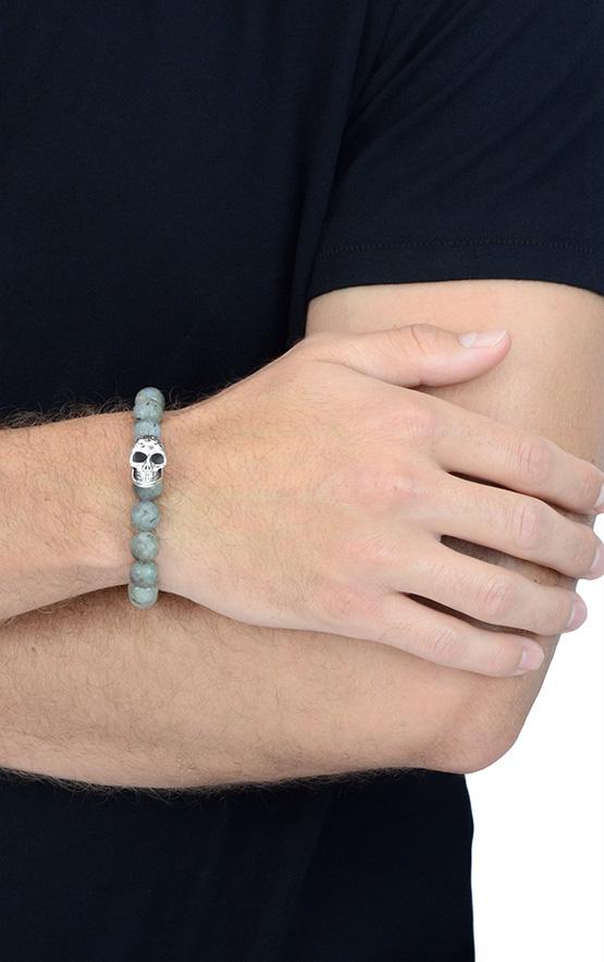 10mm Labradorite Bead Bracelet w/Day of the Dead Skull