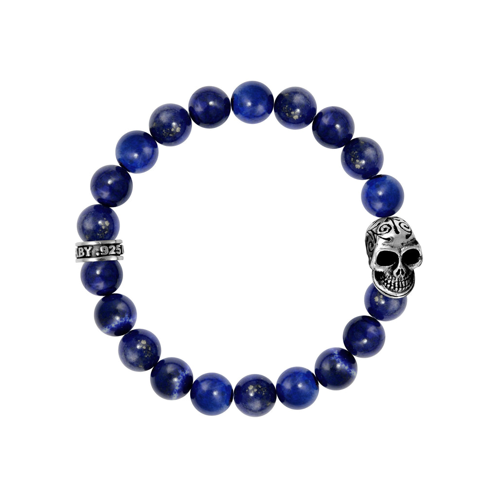 10mm Lapis Bead Bracelet w/Day of the Dead Skull