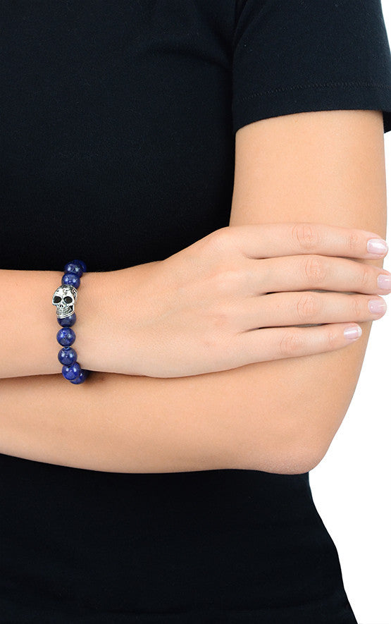 10mm Lapis Bead Bracelet w/Day of the Dead Skull