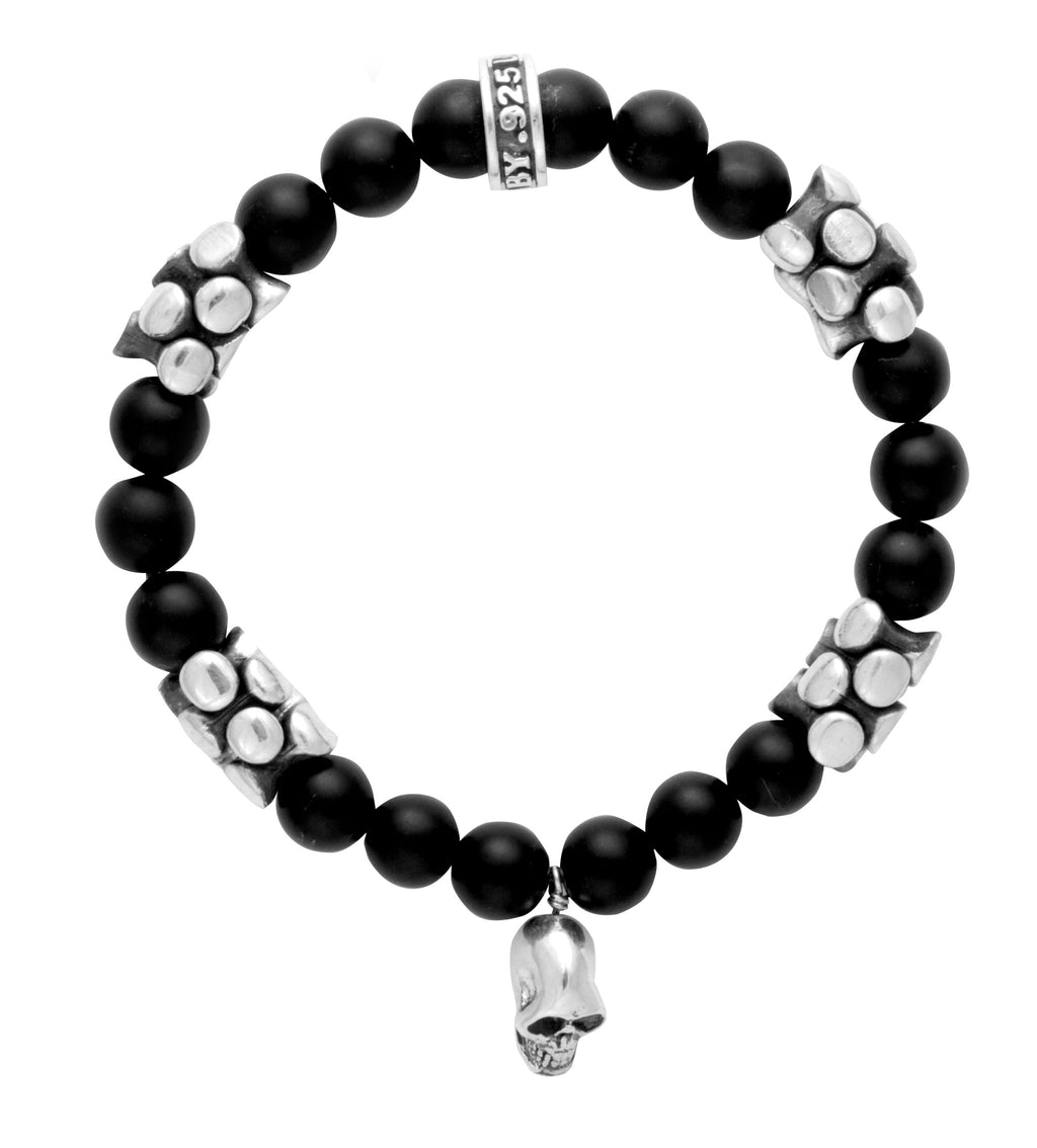 8mm Matte Onyx Bracelet w/ Snake Links and Small Skull