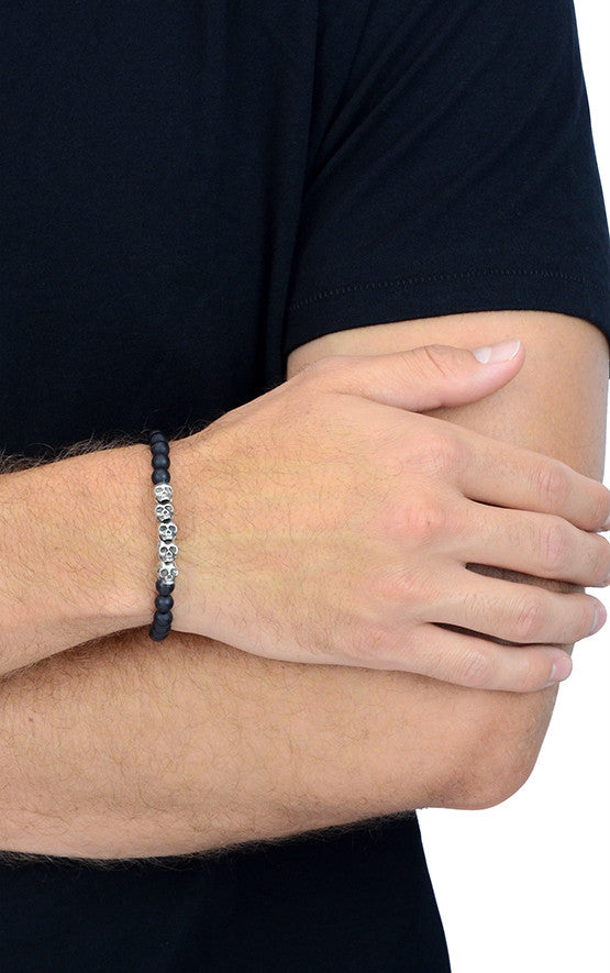 6mm Onyx Bead Bracelet w/ Skull Bridge