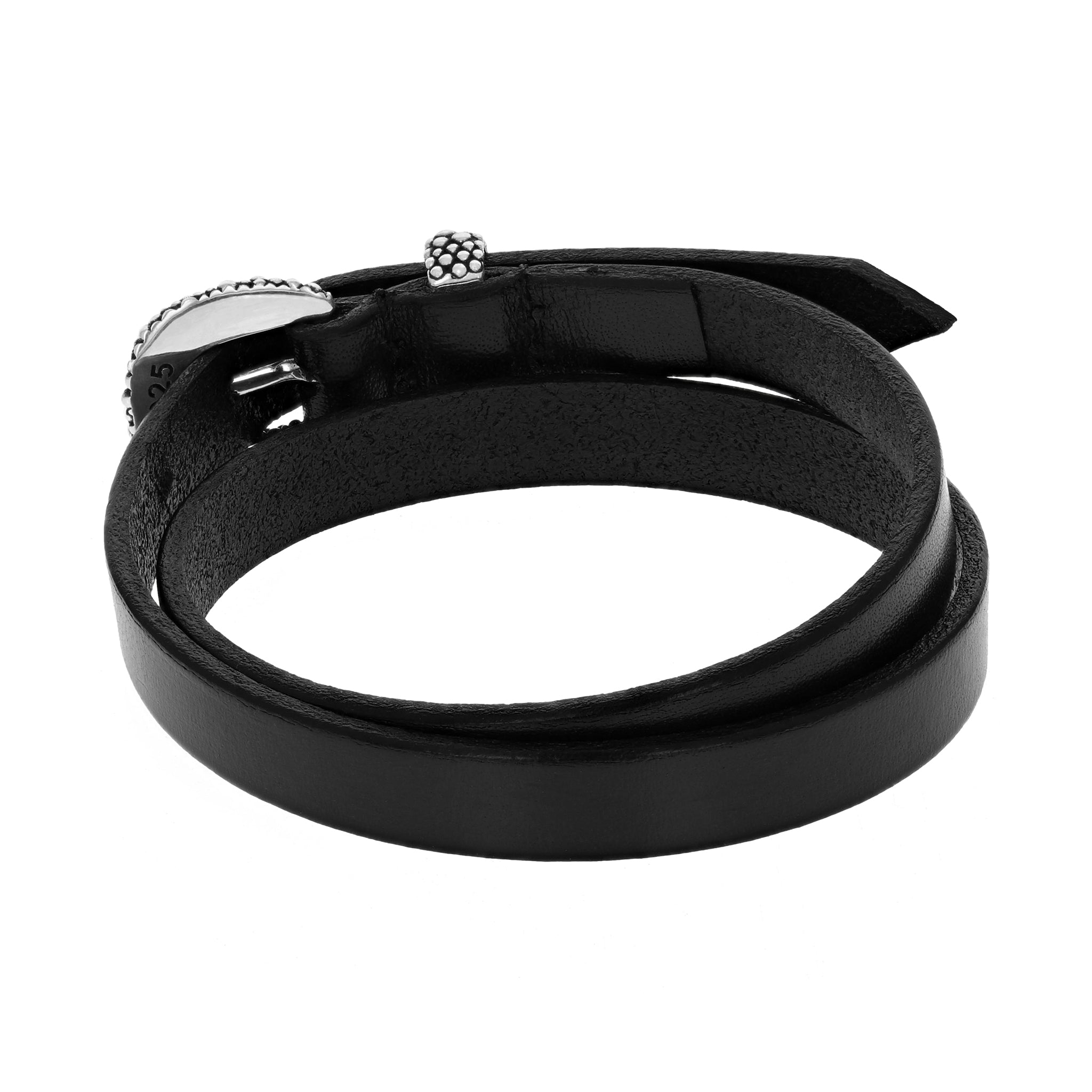 Back View of Black Double Wrap Leather Bracelet with Silver Stingray Texture Buckle and Keeper