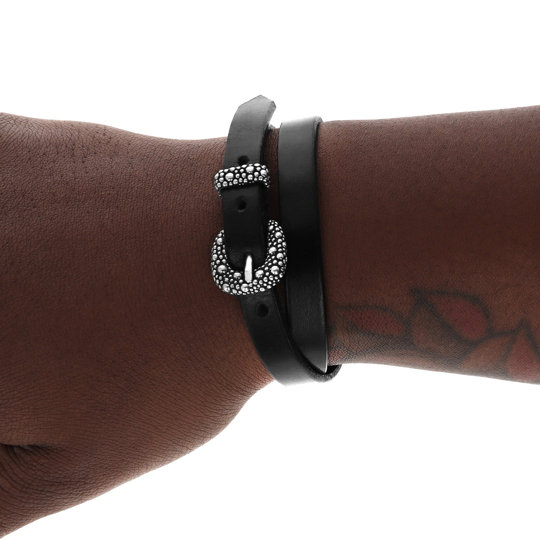 Black Double Wrap Leather Bracelet with Stingray Buckle on model's wrist