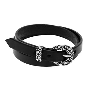 Black Double Wrap Leather Bracelet with Silver Stingray Texture Buckle and Keeper
