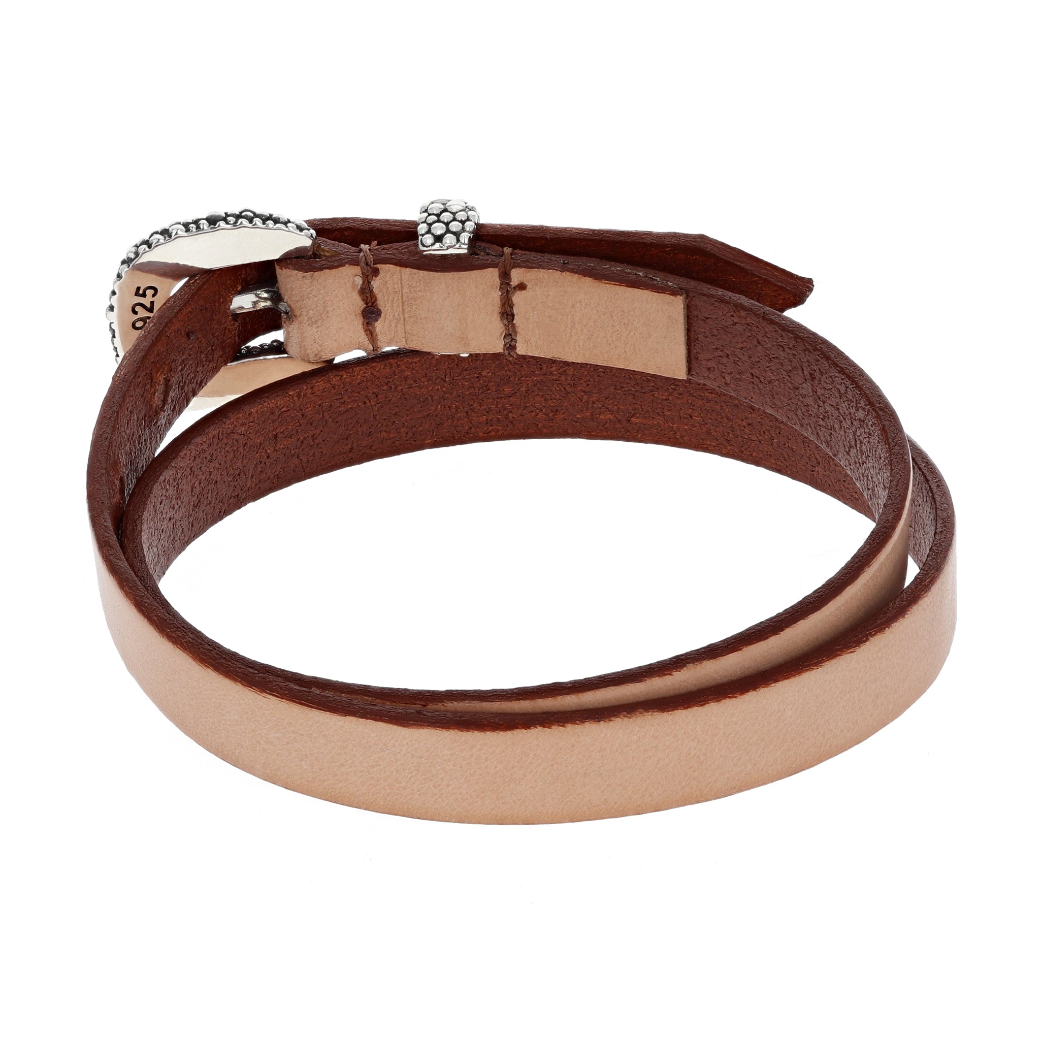 Back View of Brown Double Wrap Leather Bracelet with Silver Stingray Texture Buckle and Keeper