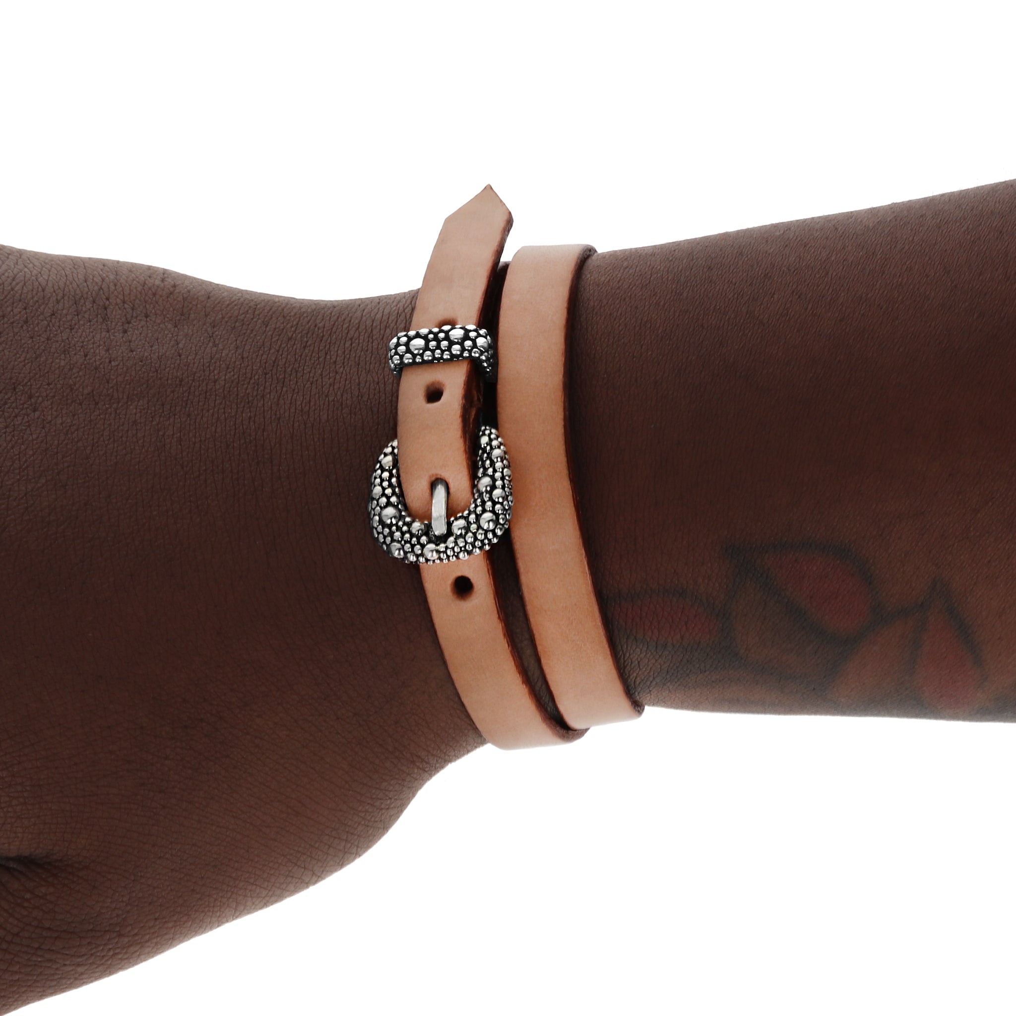 Brown Double Wrap Leather Bracelet with Stingray Buckle on model's wrist