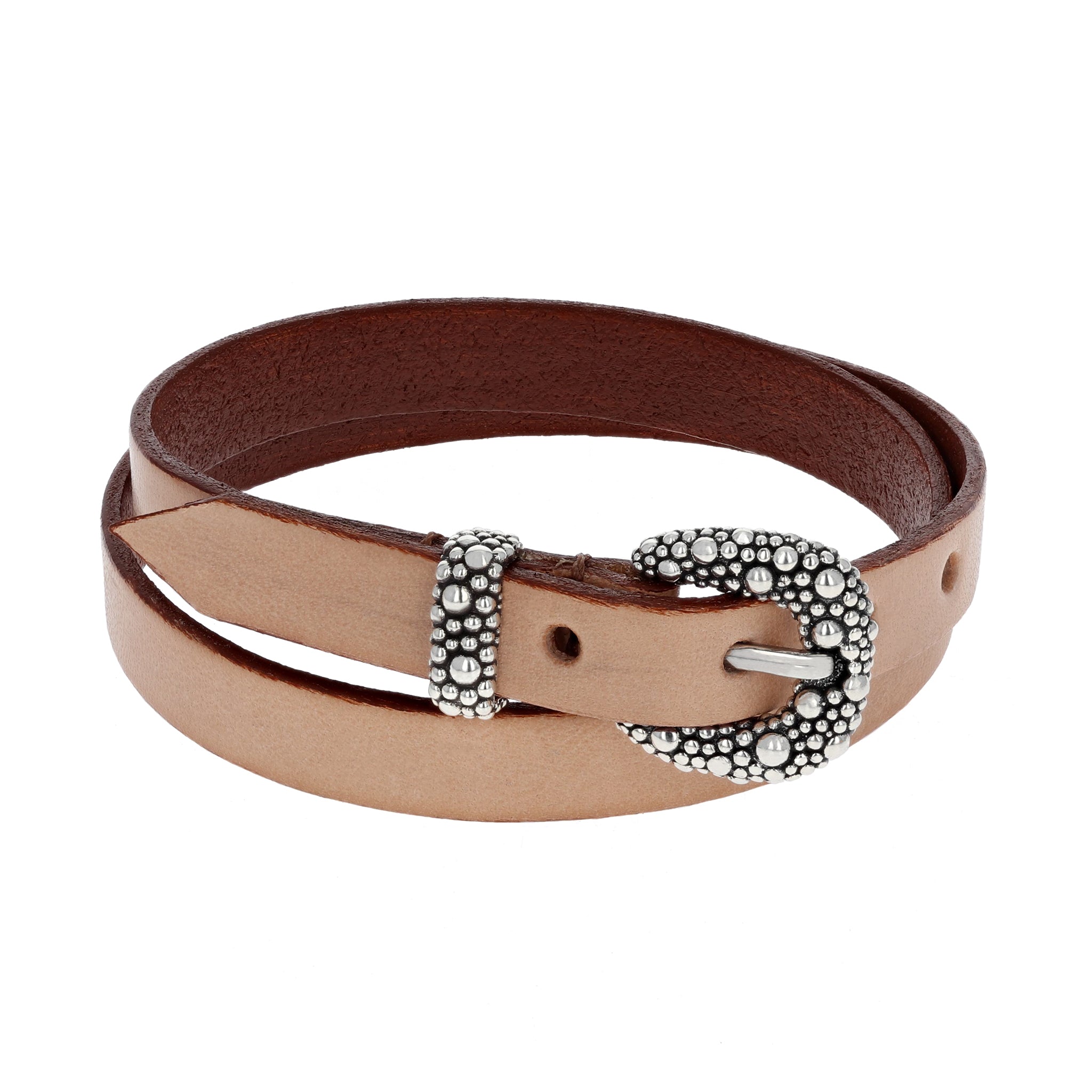 Brown Double Wrap Leather Bracelet with Silver Stingray Texture Buckle and Keeper