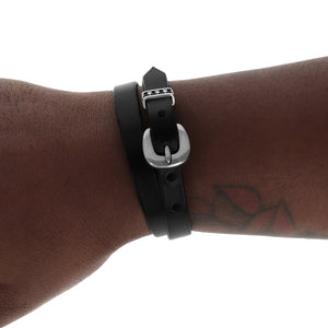 Black Double Wrap Leather Bracelet w/ Buckle and Stars